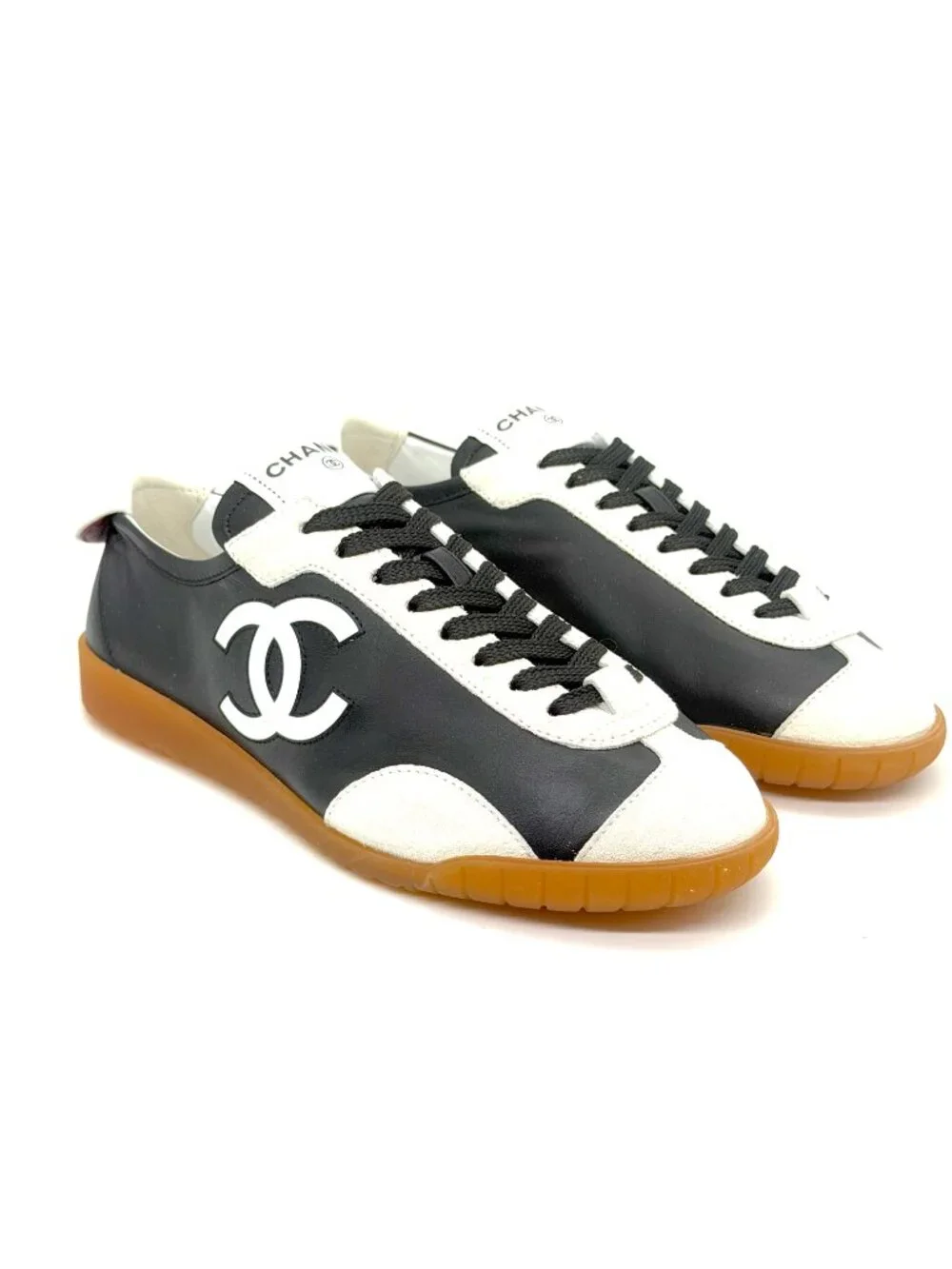 CHANEL REV Leather Suede CC Slim Retro Lace Up Sneakers Flats Trainers Shoes